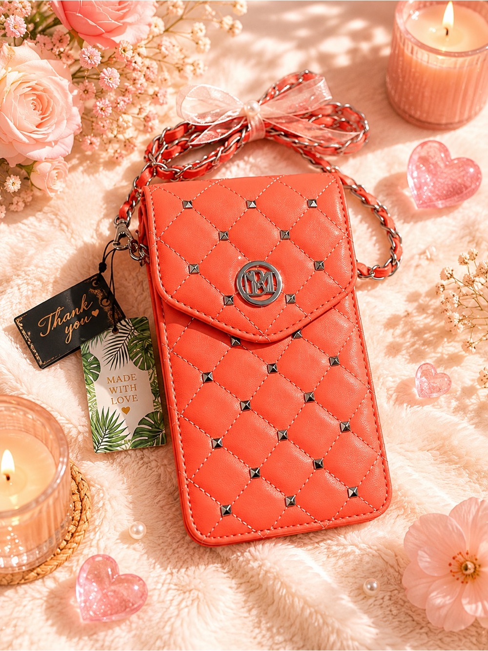 Badgley Mischka Quilted Red Crossbody Phone Pouch with Chain